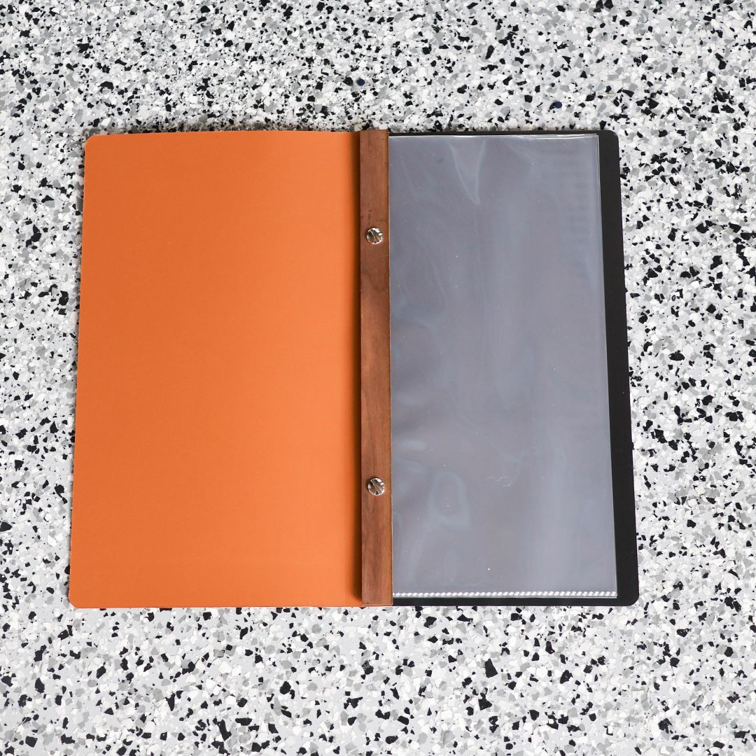 A4 Slimline Leather Cover, Timber Binder, Black Poly Back Menu