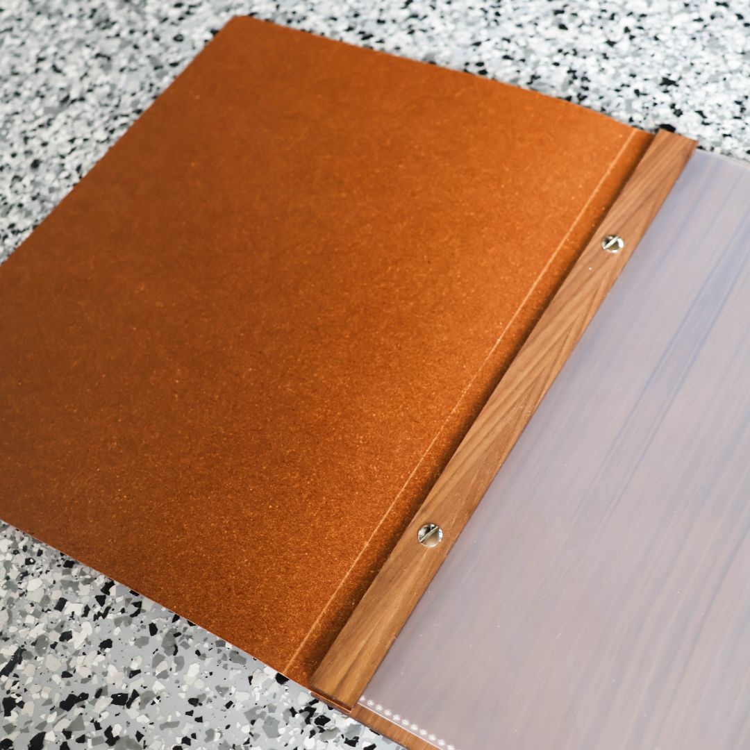 A4 Leather Cover, Timber Binder, Timber Back Menu